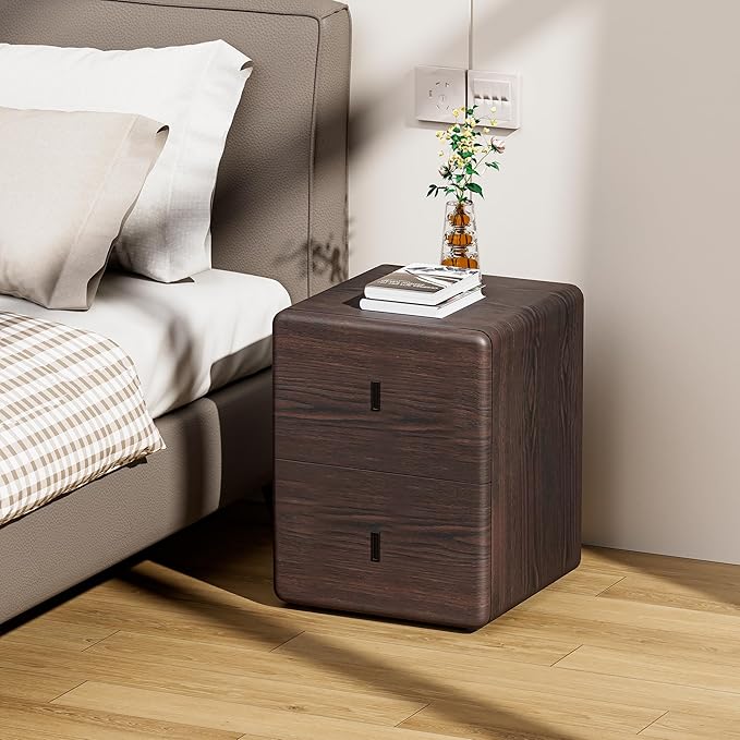 VICITON Narrow Nightstand with Drawers, Faux Leather Bedside Table, Solid Wood Drawer, Small Side Table for Bedroom (Leather Black Walnut, 15.7" x 15.7" x 19.7")
