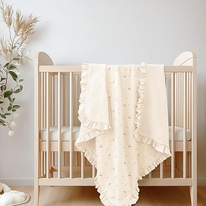 Konssy Flounce Muslin Baby Blanket for Girls Boys, 100% Cotton Soft Crib Swaddle Blankets, Reversible & Breathable Nursery Bedding for Newborns Toddlers, 40 x 36 Inches (Moon)