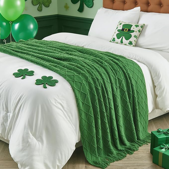 inhand Green Knitted Throw Blanket for Couch and Bed, St. Patrick’s Day Lucky Spring Gifts Throw for Her or Him, Soft Farmhouse Woven Blanket with Tassel, Lightweight Decorative, 50"x60"