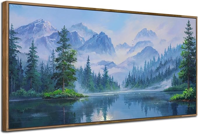 Ardemy Landscape Wall Art Canvas for Living Room, Mountain Lake Nature Bedroom Painting Textured Misty Forest Scenery Picture Green Artwork Home Office Decor, Wood Framed Large 48"x24"