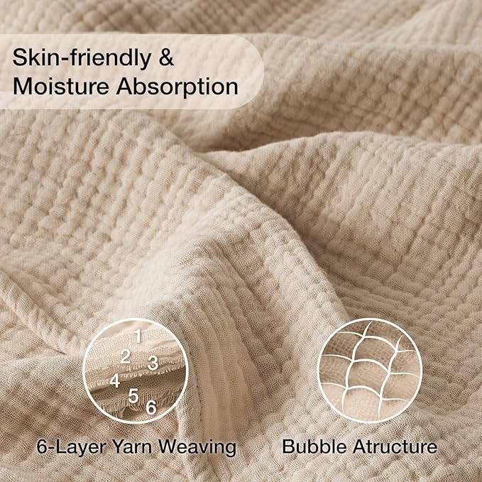 100% Cotton King Size Blankets for Bed 108" x 90", 6 Layers Cooling and Soft Muslin Throw Blanket, Lightweight Quilt Bedspread Coverlet, Gauze Blanket for Adults All Season, Linen Beige
