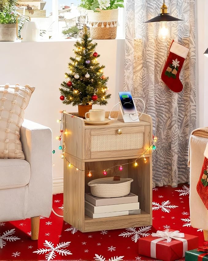 Nightstand with Charging Station, Side Table with Rattan-Style Drawer and Storage Shelf, Modern Rattan Night Stand with 2 USB Ports, Boho End Table Bedside Table for Bedroom, Natural MBZ01UWO