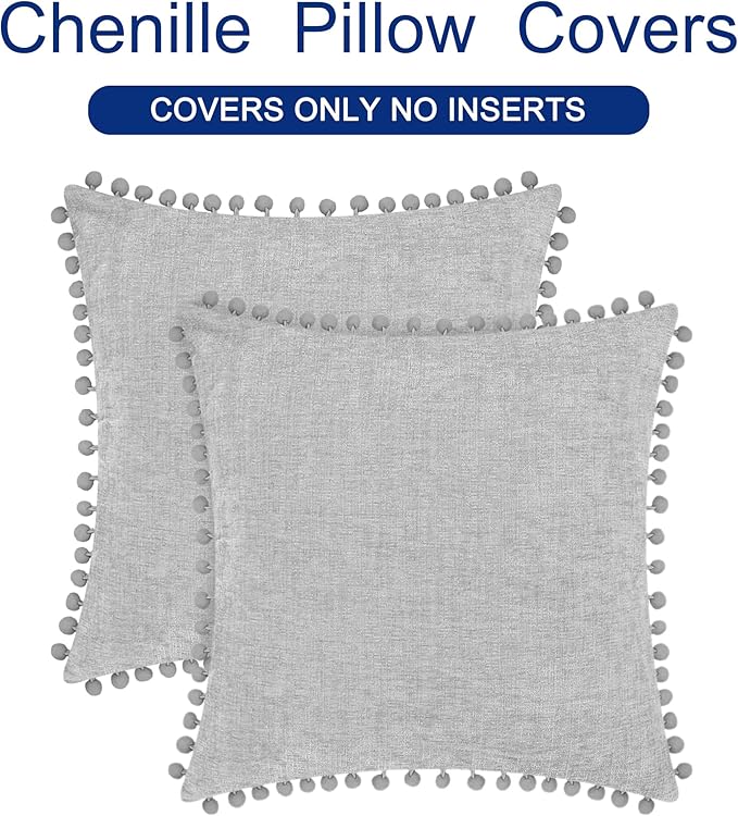 CaliTime Throw Pillow Covers Decorative 20 X 20 Inches Pack of 2 Cozy Solid Dyed Soft Chenille Cushion Cases with Pom Poms for Couch Sofa Bed Living Room Home Moonbeam Gray