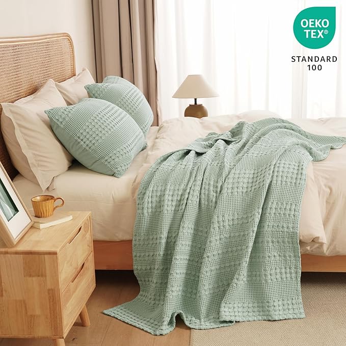 PHF 100% Cotton Waffle Weave Throw Blanket, Soft Lightweight Breathable Cozy Throws for Couch Bed Sofa, Luxury Aesthetic Blanket Gift for Home Decor & Office, 50"x60", Mint Green