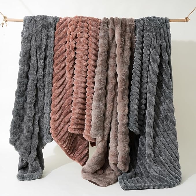Amélie Home Faux Fur Throw Blanket for Couch, Ultra Cozy Fuzzy Fluffy Fur Luxurious Soft Striped Plush Gift Blankets for Family Sofa Chair Bedroom, 60"x80", Cationic Fox Pink Brown