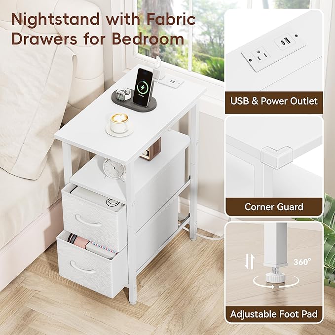 Vagusicc White End Table with Charging Station, Narrow Side Table, 23.8'' Tall Nightstand with 2 Fabric Drawers, Small Sofa Side Table Narrow Nightstand for Small Spaces, Bedroom, Bedsise Table, White