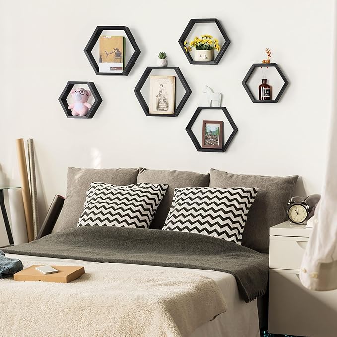 YBING Hexagon Floating Shelves Black Hexagonal Shelves Set of 6 Wood Honeycomb Shelves for Farmhouse MDF Hexagon Wall Decor Storage Shelves for Bedroom Office Living Room