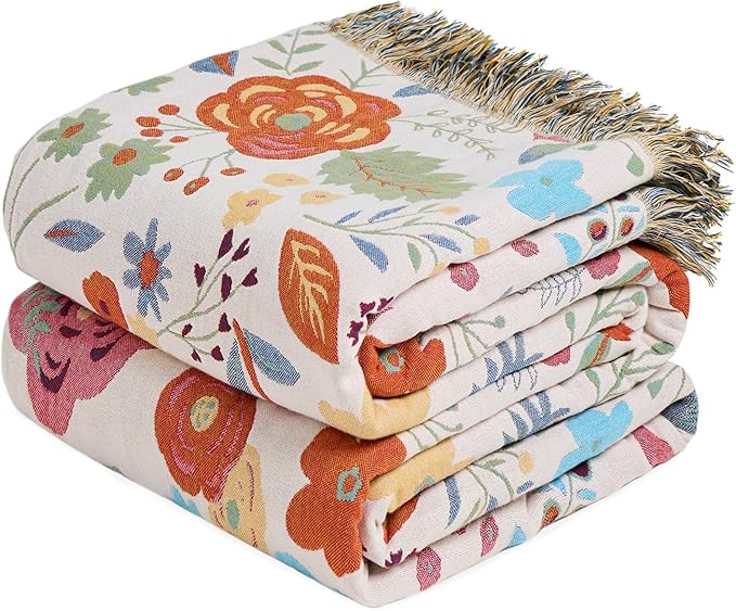 Boho Throw Blanket - 100% Cotton Soft Breathable Throw Spring Blankets, 50"x60" 4-Layer Lightweight Muslin Cotton Quilt, Floral Printed Bohemian Decor Throw Blankets for All Season