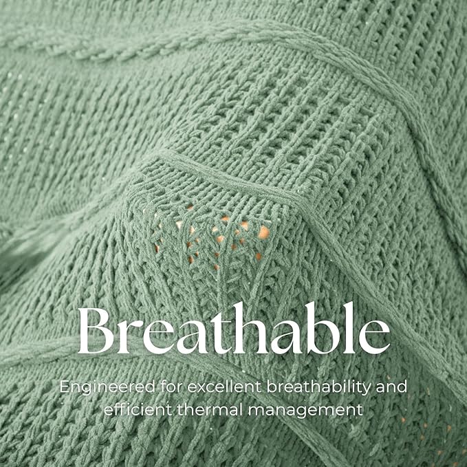 Boho Knitted Chenille Blanket with Tassels - Lightweight & Soft All-Season Throw - 3D Classic Pattern for Living Room Bedroom Couch, Sage Green, Throw 50"x60"