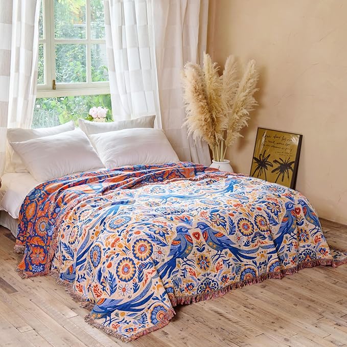 Boho Throw Blanket - 100% Cotton Ultra Soft Muslin Spring Blanket, 50"x60" Lightweight Floral Bird Framhouse Bedding Blanket for Bed, All Season Blue Bohemian Bedroom Home Decor Quilt