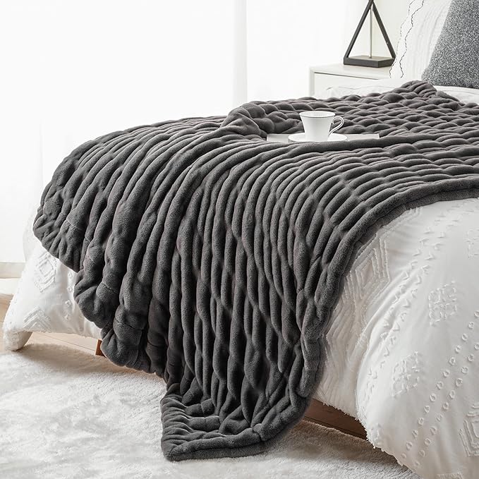 BATTILO HOME Luxury Grey Faux Fur Throw Blanket, Double Side Ruched Rabbit Fur Blanket for Couch, Bed, Cozy Soft Warm Blanket, 60x80 Inches
