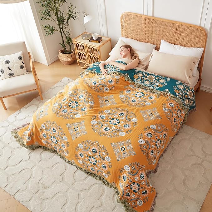 Boho Throw Blanket for Bed 100% Cotton Soft Lightweight Quilt Floral Embroidery Home Decor Spring Breathable Bed Blanket,80"x90" All Season Reversible Yellow Blankets for Sofa Couch Chair