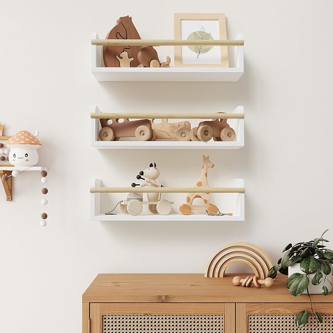 Decorative Nursery Bookshelves for Kids - Set of 3 Easy to Install Floating Shelves for Wall Mount - Beautiful Hanging Organizer Furniture for Your Baby Boy or Girl's Bedroom and Play Room Decor