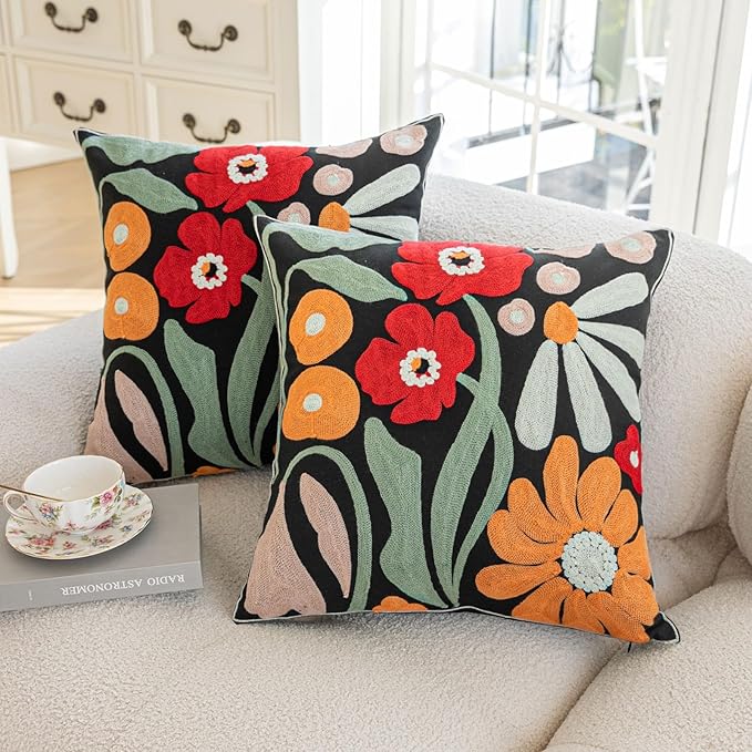 YIcabinet Pack of 2 Throw Pillow Covers,Colorful Flowers Embroidered Pillow Case Soft Decorative Pillowcases for Home Sofa Couch 18x18 Inch