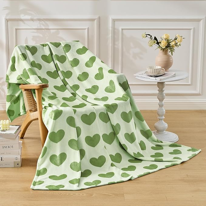 FY FIBER HOUSE Heart Flannel Throw Blanket Soft Cozy Blankets for Lover Gifts All Season Use, 60x80 Inches, Sage Green
