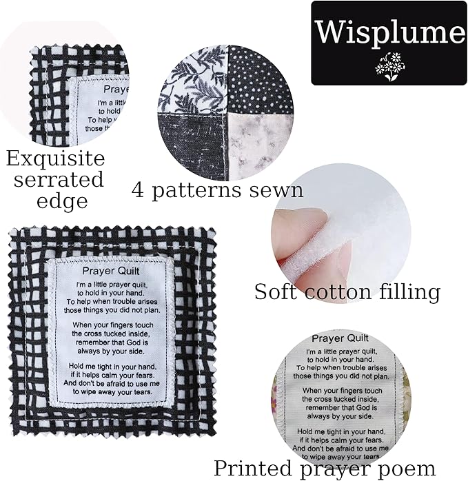 Mini Prayer Quilt with Cross Inside Vintage Pocket Scripture Prayer Quilt Squares Sympathy Christian Gifts for Women Pastor Appreciation Father's Day Graduates Gifts (Black)