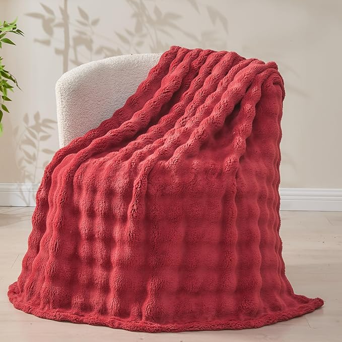 NEWCOSPLAY Twin Blanket for Couch Red Super Soft Flannel Fleece 3D Bubble Lightweight Bed Blanket All Season Use (Red, Twin(60"x80"))