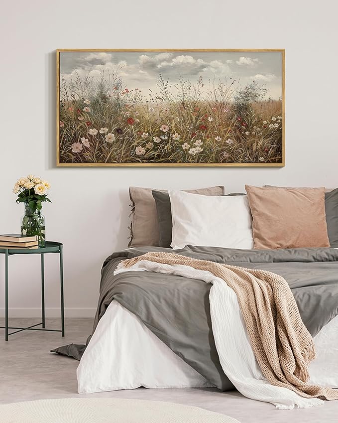 SHENIFY Vintage Landscape Framed Wall Art Meadow with Flowers Farmhouse Decor Retro Wildflower Field Scenery Painting for Hallway Bedroom Living Room Dining Room - 20x40in Natural Framed
