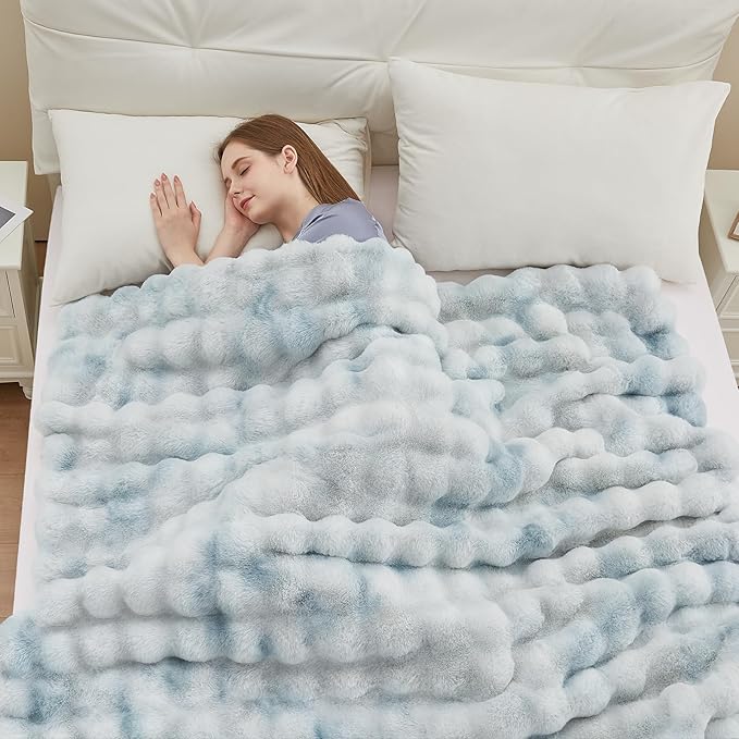 Faux Fur Throw Blanket, 1000GSM Fluffy Soft Bubble Blanket for Couch Bed, Cozy Plush Warm and Thick Rabbit Blanket for Living Room Bedroom 90''*104'' Tie-dye Blue