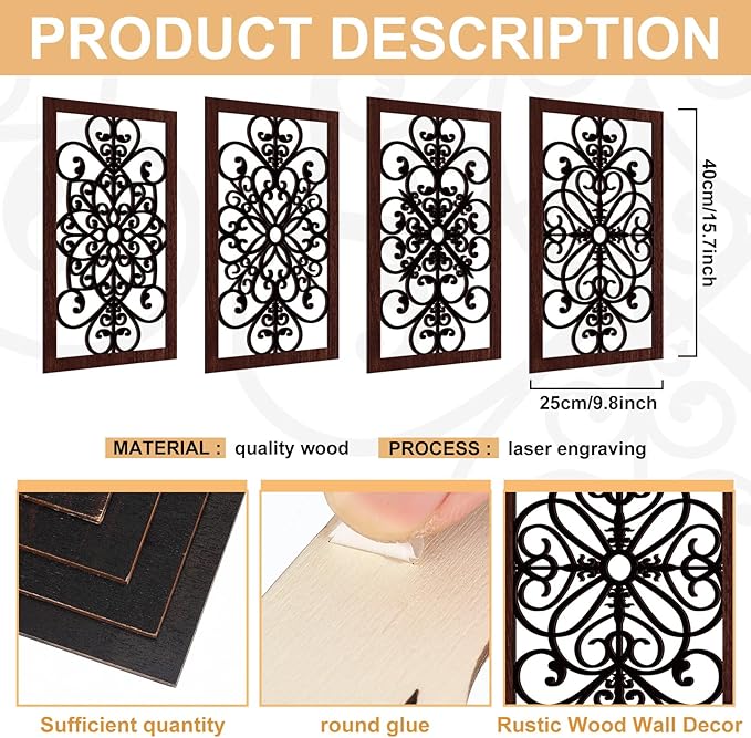 Yulejo 4 Pieces Thicken Rustic Wall Decor Modern Farmhouse Wall Art Decor Wooden Hollow Carved Design Rustic Art for Living Room Hallway Office Kitchen Decoration