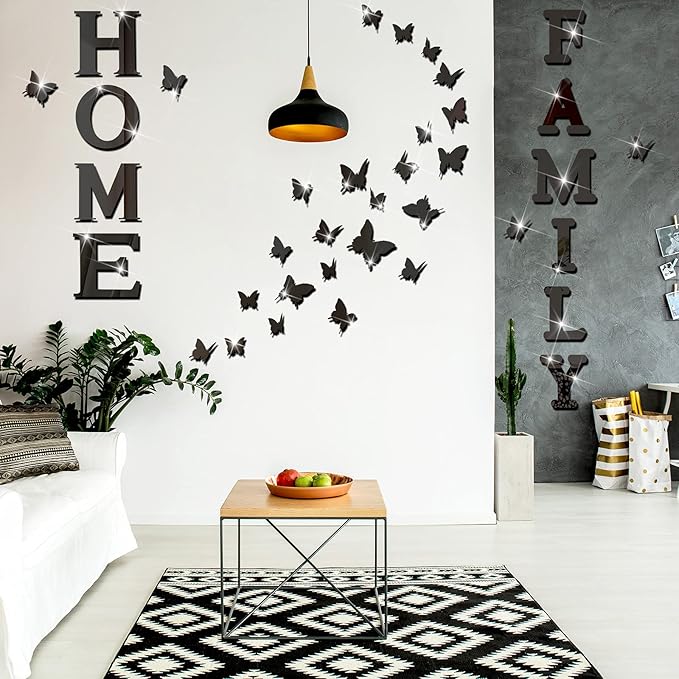 Outus 3D Family Home Sign Letters Living Room Decor Family Rustic Farmhouse Wall Decor Acrylic Mirror Decorative Butterfly Mirror Wall Sticker Decals for Living Room Bedroom Kitchen (Black)