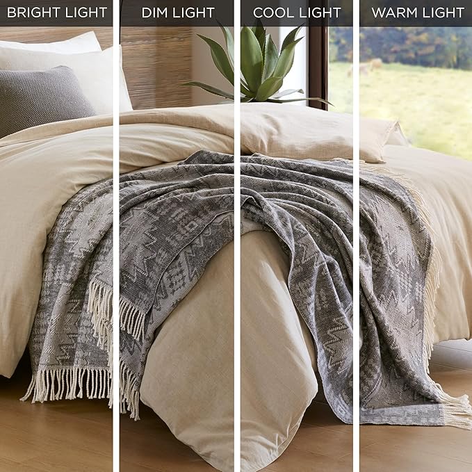 Woolrich Cotton Blend Jacquard Throw with Fringe Edge, Lightweight All-Season Decorative Throw Blanket, Machine Washable, Oeko-TEX Certified, Grey Aztec, 50"x60"