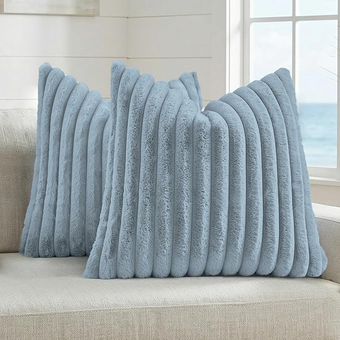 FUTEI Dusty Blue Decorative Throw Pillow Covers Set of 2, 28x28 Inch Soft Fluffy Faux Fur Plush Striped Euro Pillow Shams, Modern Home Decor for Couch Bed Living Room