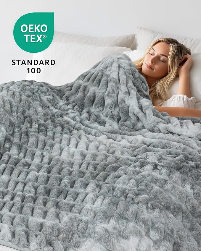 Ultra Soft Faux Rabbit Fur Throw Blanket, Cozy Fuzzy Blanket for Couch Bed, Plush Warm Decor Gifts, Luxury Thick Fluffy Blanket for Women, 60x80 inches, Tie-Dyed in Gray