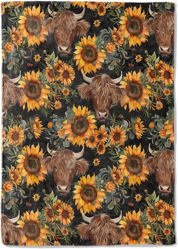 Cute Highland Cow Fleece Blanket - 60x80in Sunflower Rustic Throw Blankets,Soft Cozy Lightweight, Ideal for Living Room Home Farmhouse Decor and Kids Women Girls Spring Gifts