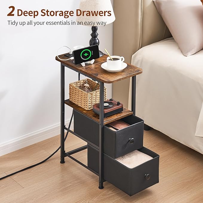 Narrow End Table with Charging Station, Narrow Side Table with Drawer, Small Nightstand with LED Light, Skinny Nightstand, Small Bedside Table for Living Room, Bedroom, Couch, Rustic Brown