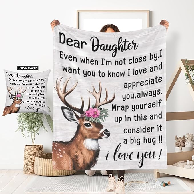 ITFRO Flannel Fleece Throw Blanket Pillow Cover Set 50x60 Inch Ultra Soft Blanket 18x18 Inch Plush Pillow Case All Seasons Daughter Gift for Birthday Valentine's Christmas (Daughter)