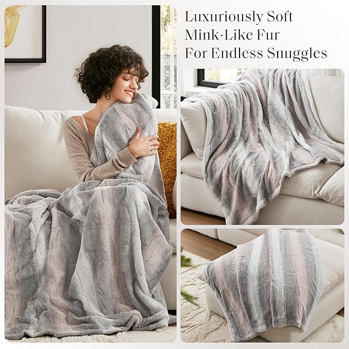 Madison Park Zuri Soft Plush Luxury Oversized Faux Fur Throw Animal Stripes Design, Faux Mink On The Reverse, Modern All Seasons Blanket for Bed, Sofa Couch, Office, Blush/Grey, 60x70