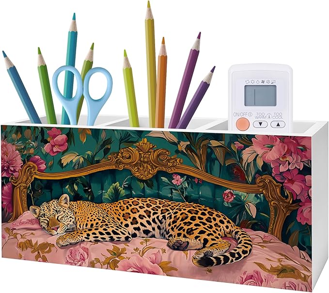 Trendy Retro Leopard Pen Pencil Holder, Leopard Print Gifts for Women, Eclectic Maximalist Sleeping Cheetah Pencil Pen Holder Organizer for Home Office Desk Accessories