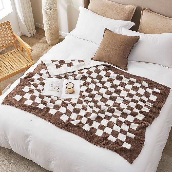 Snuggle Sac Checkered Bedding Blanket Twin Size 60x80, Super Soft Cozy Warm Knit Blankets, Reversible Breathable Lightweight Fluffy Throws for Sofa Bed, Checkered Brown, 60x80 Inches