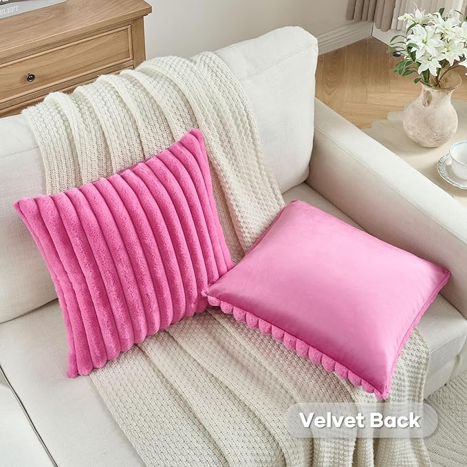 FUTEI Hot Pink Decorative Throw Pillow Covers Set of 2, 22x22 Inch Soft Fluffy Faux Fur Plush Striped Cushion Cases, Modern Home Decor for Couch Bed Living Room