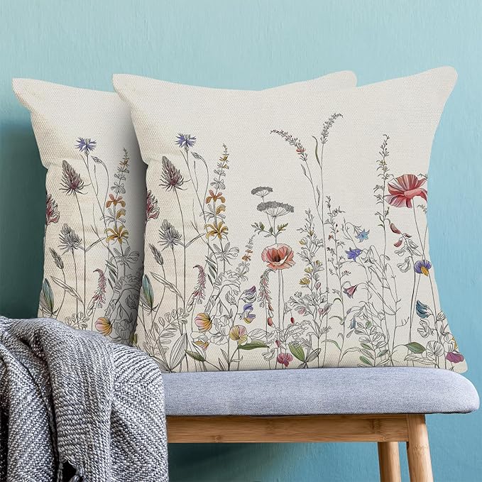 AEIOAE Spring Pillow Covers 22x22 Inch Set of 2, Black Wild Flower Throw Pillows Case,Colorful Seasonal Floral Plant Outdoor Decorative Farmhouse Decor Cushion Covers for Home Sofa Bed Couch