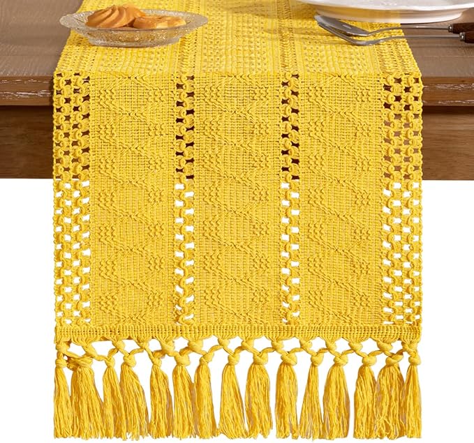 Socomi Boho Table Runner Easter Spring Farmhouse Rustic Dining Kitchen Centerpiece Decor Small Macrame Woven Cotton Linen Coffee Table Runner for Dresser Scarf Home Decor 12x36 in Yellow Gold