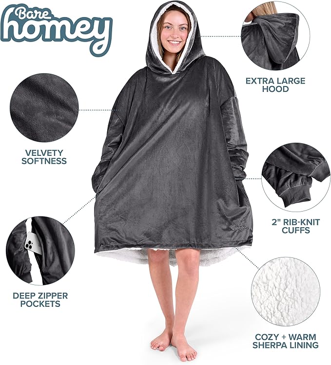 Bare Home Wearable Blanket Hoodie - Soft Plush Sherpa - Warm and Cozy - Oversized Wearable Blanket - Adult & Kid Sizes