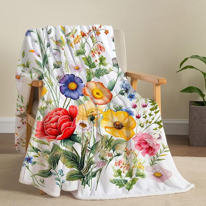 Floral Blanket Vintage Flowers Blankets Butterfly Wildflowers Throw Blankets Soft Cozy Flannel Fleece Throw Blanket Colorful Daisy Plants Throw Blanket for Couch Sofa Bed, 60"×80"