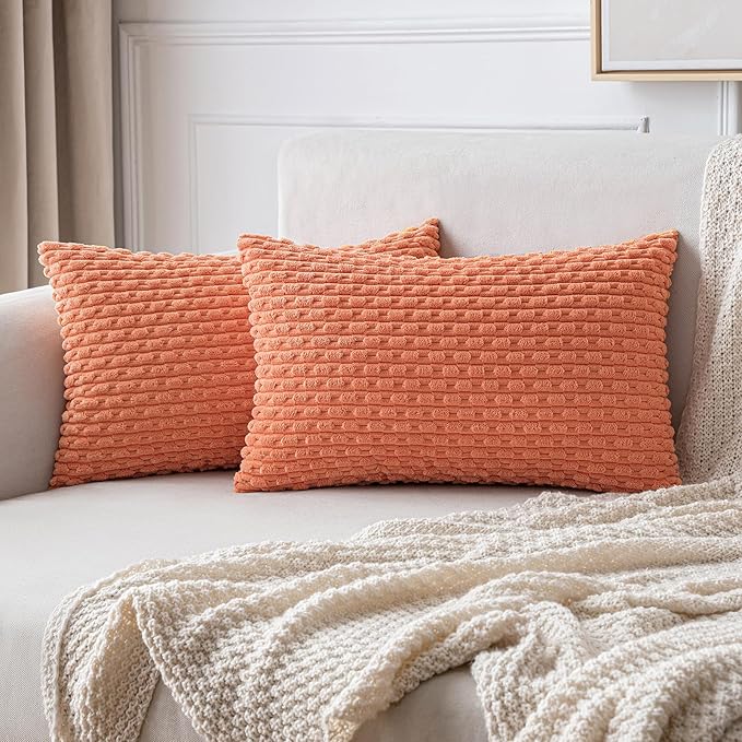 MIULEE Pack of 2 Decorative Lumbar Throw Pillow Covers 12x20 Inch Soft Boho Striped Textured Corduroy Pillow Covers Modern Farmhouse Home Decor for Couch Bed Sofa Living Room Coral Red