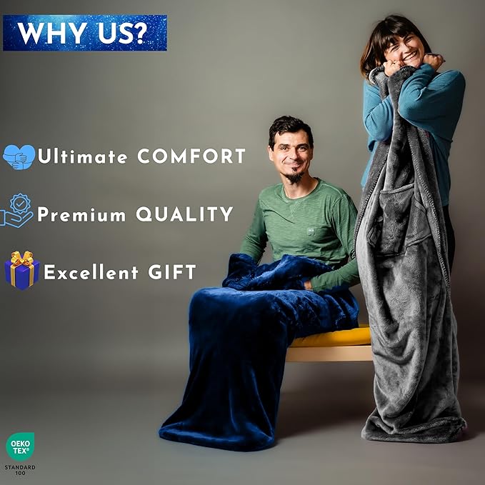 Fleece Lightweight Foot Pocket Blanket -Patent Pending- Dorm Gamer Useful Gift for Men - TV Throw - Father's Day Premium Gifts for Dad Who Wants Nothing (Fleece, Velvet Anthracite)