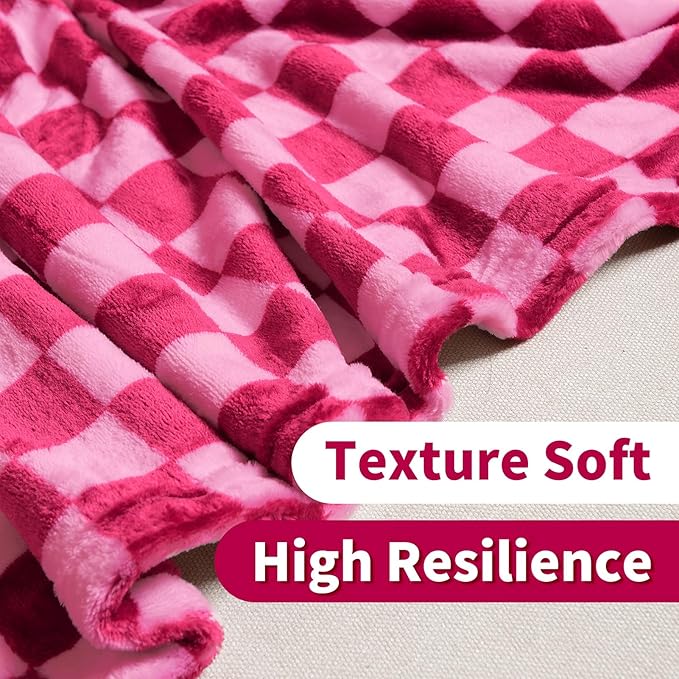 FY FIBER HOUSE Checkered Flannel Fleece Throw Blanket Soft Cozy Checkerboard Grid Print Chessboard Gingham Pattern Blankets for Bed Couch Sofa, 40"x50", Hot Pink