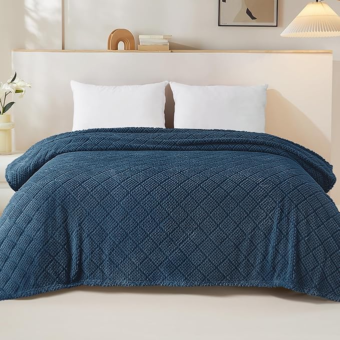Whale Flotilla Fuzzy Fleece King Size Blanket for Bed, Soft Fluffy Jacquard Waffle Blankets for All Season, Lightweight and Warm, 90x104 Inch, Navy Blue