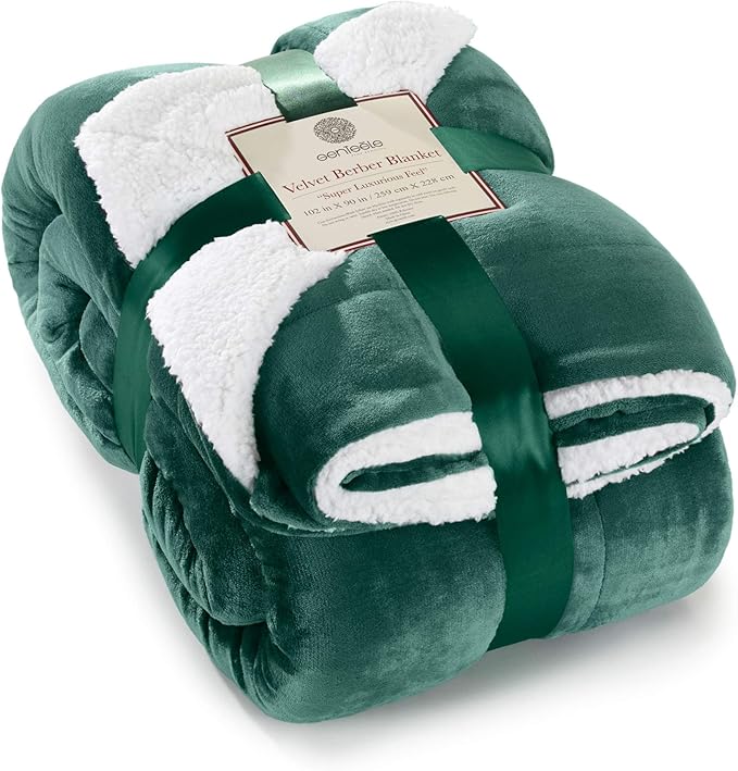 Genteele Sherpa Throw Blanket Super Soft Reversible Ultra Luxurious Plush Blanket, 102 x 90 inches, Hunter Green/White