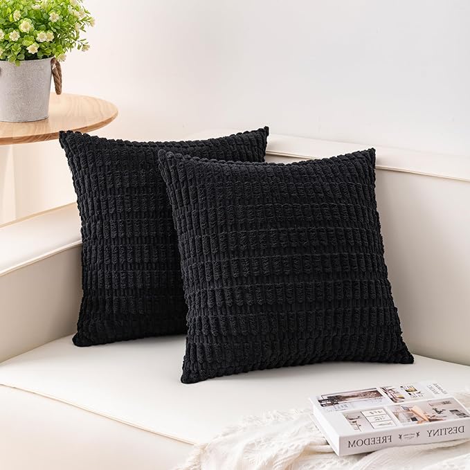 Aegero Pack of 2 Corduroy Decorative Throw Pillow Covers 26x26 InchSoft Striped Pillow Covers Modern Farmhouse Home Decor for Sofa Living Room Couch Bed（Black）