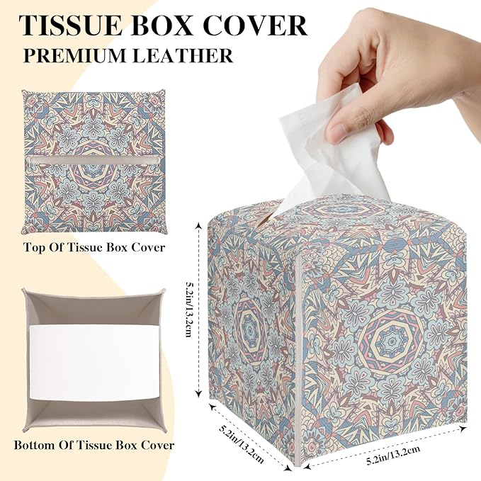 Vintage Boho Tissue Box Cover, Tissue Holder Square with Bottom Belt for Home Bathroom Office Vanity Countertop, Housewarming Gifts Ideas for Women Friends Mom Bestie -11