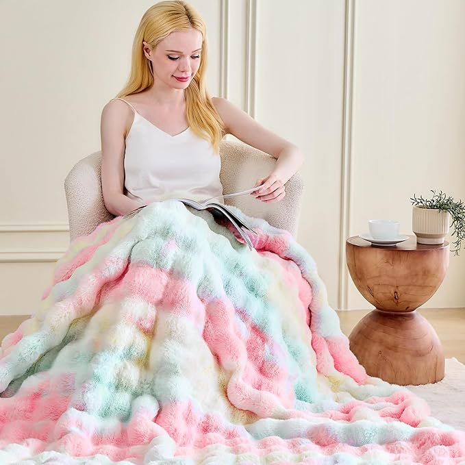 Luxury 1000GSM Faux Rabbit Fur Throw Blanket, Super Heavy Warm Cozy Blankets for Couch Bed Sofa, Bubble Plush Fuzzy Elegant Soft Reversible Mink Blanket for Living Room Bedroom, Rainbow