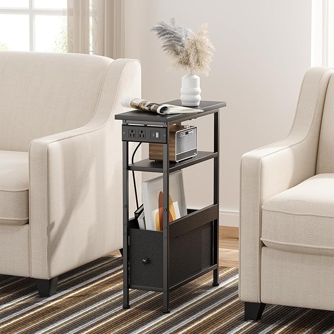 Narrow Side Table with Charging Station and LED Light, Small End Table with 1 Fabric Drawer, Skinny Nightstand with USB Ports & Type-C, Slim Side Table for Bedroom, Living Room, Black