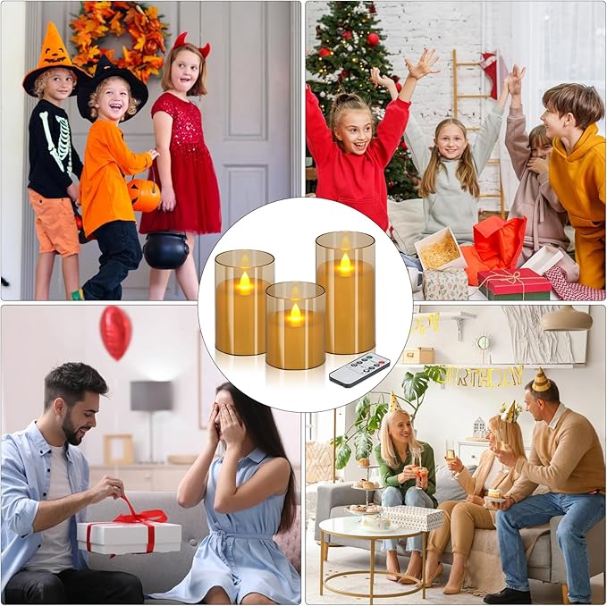 wemarry Flameless Candles 4" 5" 6" Acrylic Glass Pillars 3" Diameter Battery Operated Flickering Candles Include 8-Key Remote with Timer Function 400+ Hours (Amber, Warm Light 6 Pack)