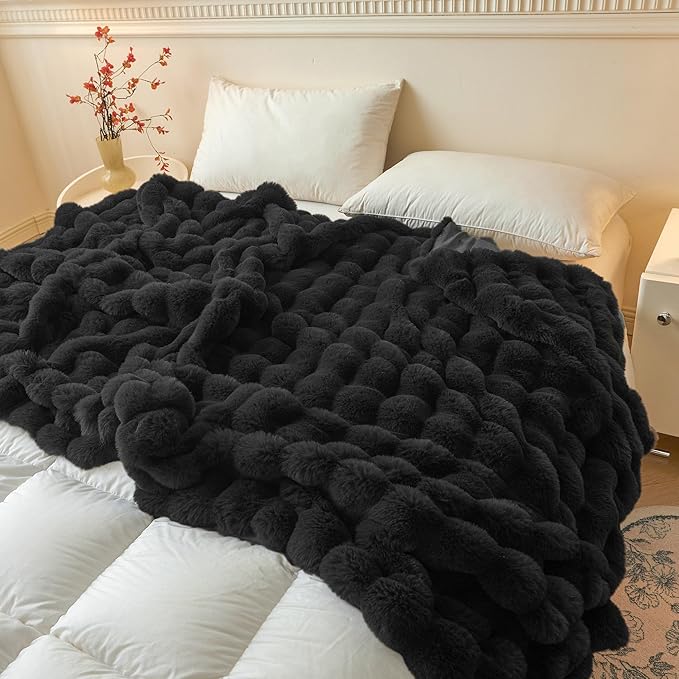 LIFEREVO Luxury Fluffy Faux Rabbit Fur Blanket, Plush Fuzzy Bubble Throw for Couch Sofa, Cozy Comfy Furry Bed Blanket Home Decoration, Aesthetic Shaggy Throw for Bedroom Living Room, 60x90, Black